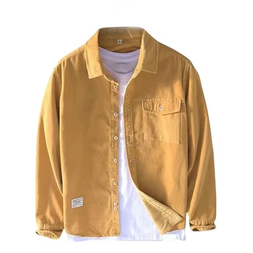 Herren Hemden, Herren-Langarm-Retro-Cord-Hemd Henry-Hemd Jacke Gelbes Thermo-Hemd Futter Großvater-Hemd-Revers Knöpfe Bequem Lässiges Arbeitshemd Für Männer Jungen, XL von HGJH