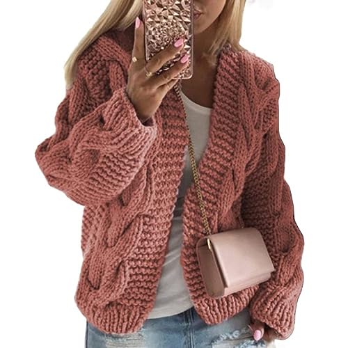 Pullover Damen, Damen Cardigan Klassisch Grob Gestrickt Langärmelig Kapuzenpullover Elegant Kurz Geschnittener Pullover Mantel Lässig Vorne Offen Kimono Cardigans Baggy Pullover Mit V Ausschnitt Top von HGJH