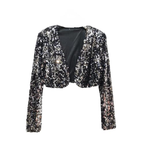 WLLDDDIU Bolero Damen,Damen Chiffon Glänzende Pailletten Design Bolero Shrugs Cropped Tops Langarm Strickjacke Offene Vorderseite Sheer Shrugs Tops Schulterjacke Umhang Abendgesellschaft Vertuschun von HGJH