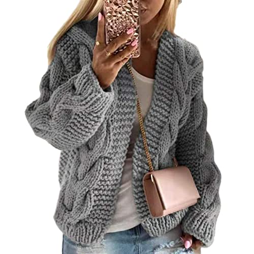 WLLDDDIU Cardigan Damen, Damen Strickpullover Offen Kurz Cardigan Zopfmuster Grob Gestrickt Kimono Grau Mode Langarm Cardigan Weich Elegante Herbst Leichte Jacke Für Casual Business,S von HGJH