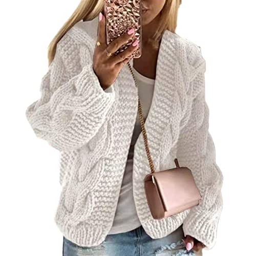 WLLDDDIU Cardigan Damen, Damen Strickpullover Offen Kurz Cardigan Zopfmuster Grob Gestrickt Kimono Weiß Mode Langarm Cardigan Weich Elegant Herbst Leichte Jacke Für Casual Business,L von HGJH