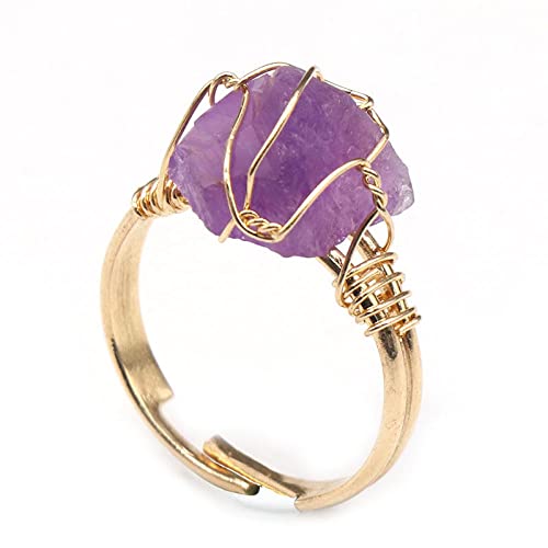 WLLDDDIU Natürlicher Amethyst-Ring Unregelmäßiger Rauer Kristall Goldener Ring Verstellbar Offene Steinringe Für Frauen Reiki-Balance Knöchel-Fingerringe Für Frauen Mädchen Männer von HGJH