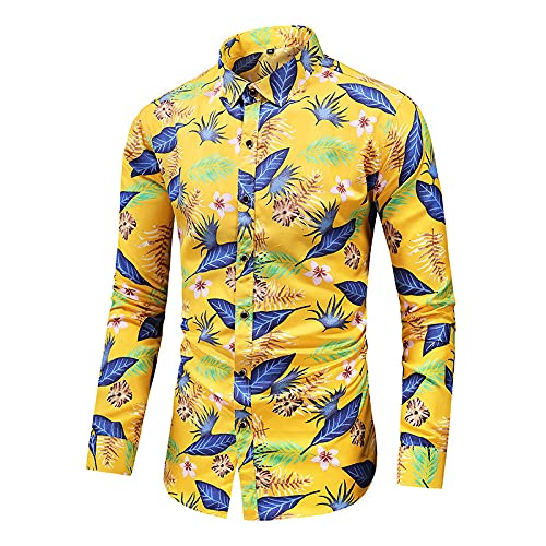WLLDDDIU Hawaii Hemd, Herrenhemd Langarm Blümchen Blumenblätter Aufdruck Hawaiihemd Kuba-Kragen Gelb Langarm Button Down Soft Strandhemd Henley Hemd Für Herren Jungen,XXL von HGJH