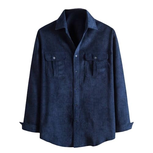 WLLDDDIU Herren Thermohemd, Herren Langarm Retro Cordhemd Henry Hemd Jacke Dunkelblau Thermohemd Futter Großvater Hemd Revers Knöpfe Bequem Lässiges Arbeitshemd Für Männer Jungen,L von HGJH