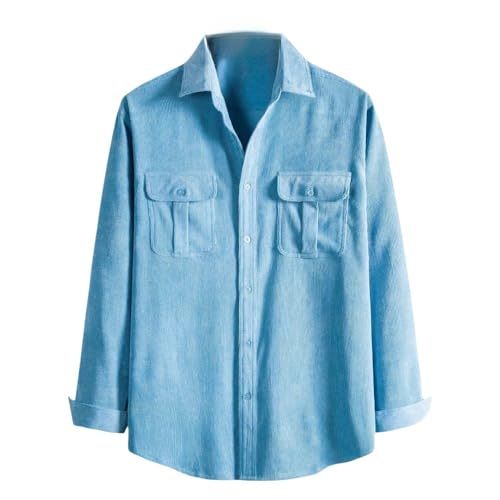 WLLDDDIU Herren Thermohemd, Herren-Langarm-Retro-Cordhemd Henry-Hemd Jacke Hellblaues Thermohemd Futter Großvater-Hemd Revers Knöpfe Bequem Lässiges Arbeitshemd Für Männer Jungen, XL von HGJH