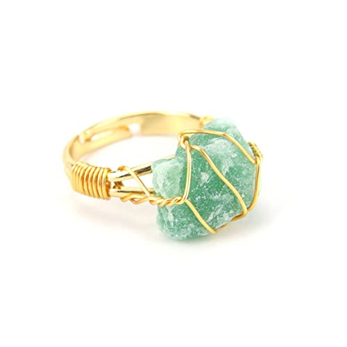 WLLDDDIU Natürlicher Unregelmäßiger Grüner Aventurin-Ring Golddraht Kristall-Twining-Ring Verstellbarer Offener Ring Für Frauen Yoga Reiki Balance-Stein Ringe Knöchel-Fingerringe Für Frauen M von HGJH