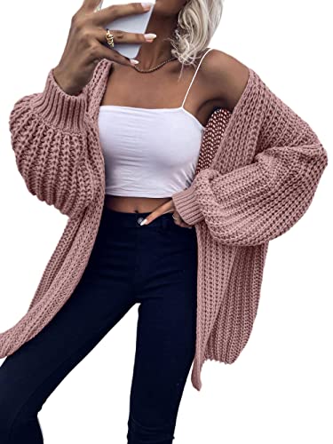 WLLDDDIU Pullover Damen, Damen-Strickpullover Vorne Offen Cardigan Jersey-Strick V-Ausschnitt Laternenärmel Einfarbig Rosa Cardigan Weich Elegante Leichte Herbstjacke Für Lässiges Business,L von HGJH