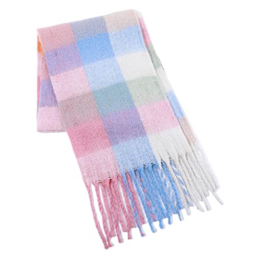 WLLDDDIU Strickschal Damen,Winterschals Kontrast Quaste Strick Weicher Warmer Schal Dicke Decke Gitter Rosa Blau Der Weiche Fühlschal Winterschal Trendige Stola Schals Für Damen Mädchen von HGJH