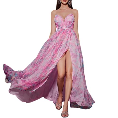 HGKPFGTG Boho-Maxikleider Für Damen Schulterfrei Hoher Schlitz Bedruckt Strandparty Cocktail Formelles Abendkleid,Rosa,L von HGKPFGTG