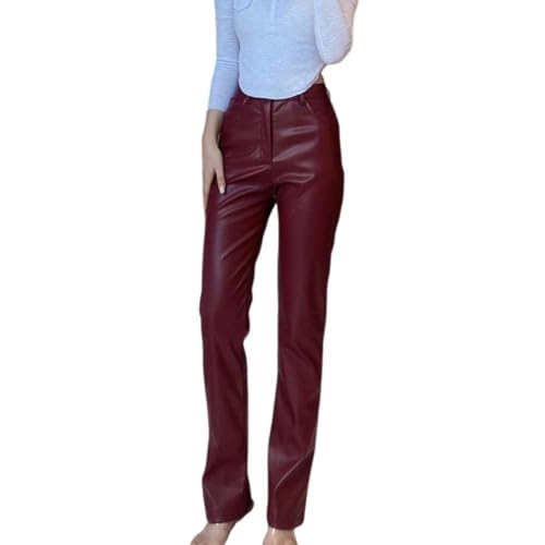 HGKPFGTG Damen Kunstlederhose Hohe Taille Gerades Bein PU-Hose Weiche Lederhose mit Entspannter Passform und Taschen,Burgundy,M von HGKPFGTG