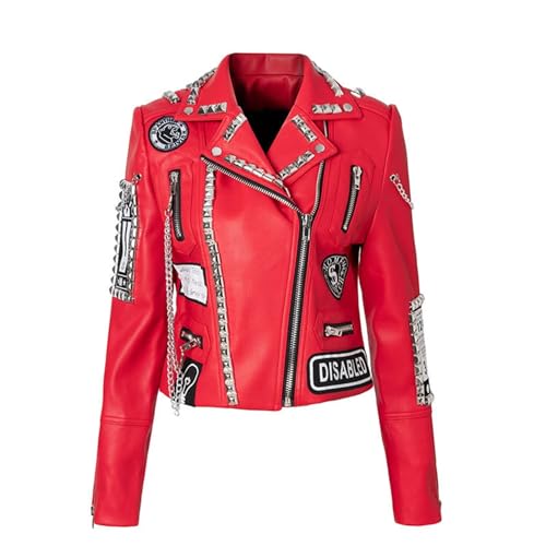 HGMMFZ Damen-Lederjacke Nietennieten Punk-Rock-Ledermantel Kurzer Stil Schmale Passform Schwere Industrie-Motorradbekleidung von HGMMFZ