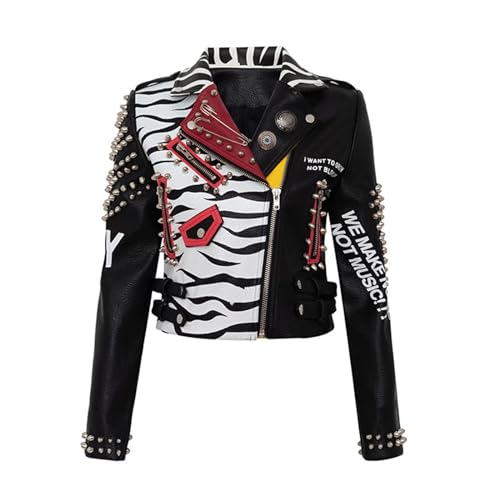 HGMMFZ Damen Lederjacke schwarz-weiß gestreift Print Punk Rock Motorradmantel Ledermaterial Schwarzer kurzer Anzugkragen Slim Fit Trendy Streetwear von HGMMFZ