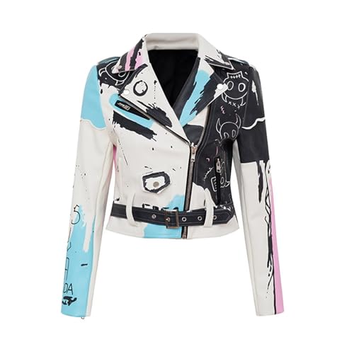 HGMMFZ Damen Punk-Lederjacke Graffiti-SchäDel-Druck Motorradmantel Kurzer Stil Schmale Passform Modische Streetwear von HGMMFZ