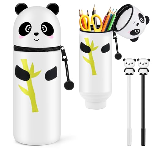 HGRGHH Federmäppchen aus Weichem Silikon, 2 in 1 Kawaii Schlampermäppchen, Weiche Stifte Mäppchen, Reißverschluss, Ständer up Stifteköcher, Stifthalter Bleistifttasche Mädchen Junge(Panda) von HGRGHH