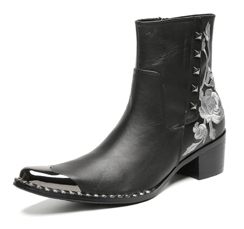 HGTREDPK Herrennietstiefel, Unisex -Stickschuhe, Lässige Chelsea -Stiefel, Metallzehenschuhe Für Hochzeiten, Tänze Und PartysBlack,EU46 von HGTREDPK