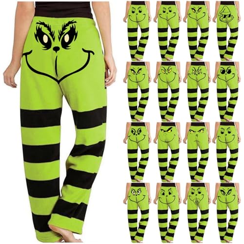 Grün Monster Pyjama Hose Damen Plus Size Hose Weihnachts Schlafanzug Damen Pyjamahose Jogginghose Winter Freizeithosen Übergröße Hose Grünes Gestreifte Weihnachtshose #01-Grün XL von HGWOPGASD