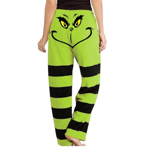 Grün Monster Pyjama Hose Damen Plus Size Hose Weihnachts Schlafanzug Damen Pyjamahose Jogginghose Winter Freizeithosen Übergröße Hose Grünes Gestreifte Weihnachtshose 02-Hellgrün XL von HGWOPGASD