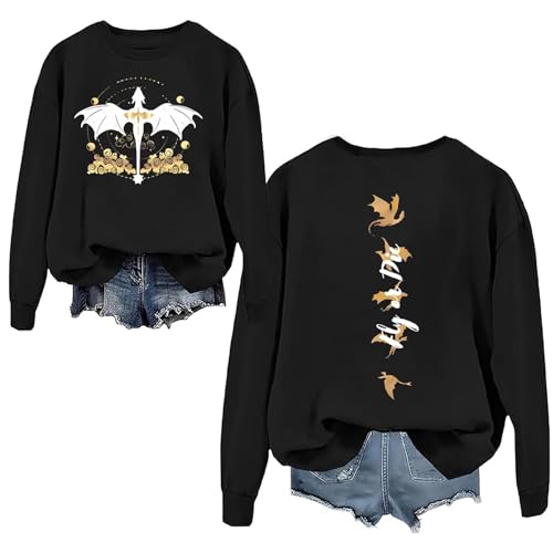 HGWOPGASD 𝗕𝗮𝘀𝗴𝗶𝗮𝘁𝗵 War College Sweatshirt - 4 Flügel Buch Drachenreiter Violett Sorrengail Pullover Pulli Langarm Crewneck für Frauen 01-Schwarz L von HGWOPGASD