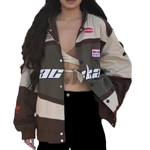 HGWOPGASD Damen Bomberjacke College Oversized Patchwork Bedruckte Jacke 90S Vintage Racing Pailletten Reißverschluss Langarm Sweat Jacket Baseball Jacke Outwear mit Taschen Übergangsjacke A21 von HGWOPGASD