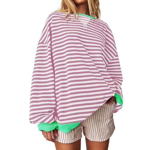 HGWOPGASD Dünner Pullover Damen On Sweatshirt Damen Damen-Sweatshirt Pullover Pink Damen Shirt Gestreift Damen Langärmeliges Shirt Damen Pullover Sweatshirt Pullover Y2K Oversized Pulli Damen Women von HGWOPGASD