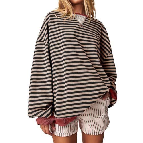 HGWOPGASD Oversized Shirt Lockere Longsleeve Damen Damen Lässiges Gestreiftes Rundhals-Shirt Oversize Pullover Tshirt Damen Oversized T Shirt Oversized Damen T Shirt Gestreift Damen Pullover Damen von HGWOPGASD