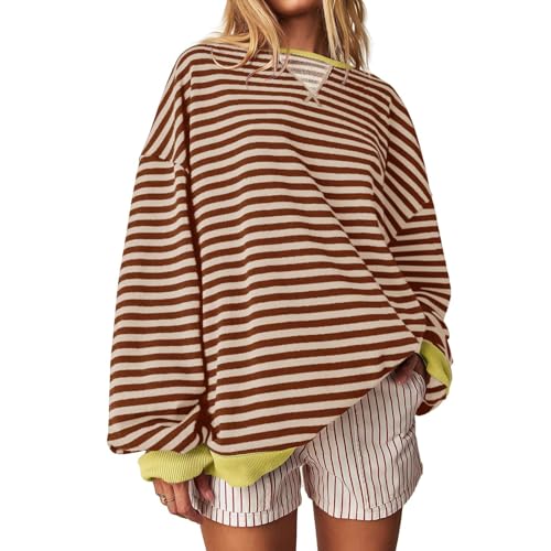 HGWOPGASD Pullover Damen Sweatshirt Rosa Atmungsaktiv Pulli Weißes T-Shirt Women's Striped Sweat-Shirt von HGWOPGASD