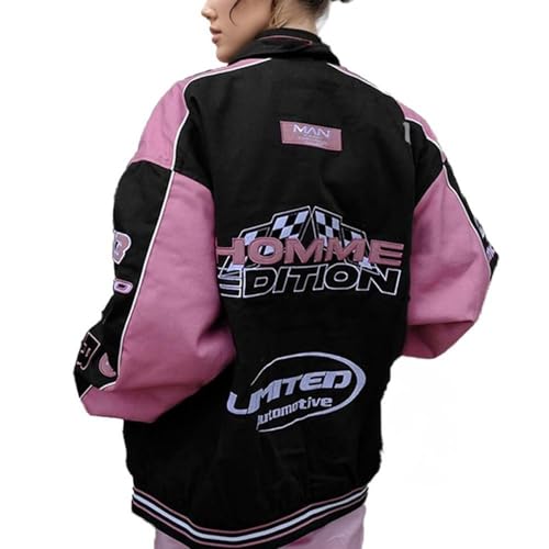 HGWOPGASD Racing Jacke Damen Bomberjacke College 90S Vintage Racing Pailletten Reißverschluss Langarm Sweatjacke Baseballjacke Outwear mit Taschen Übergangsjacke Rosa von HGWOPGASD