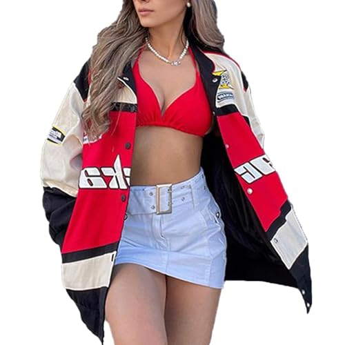 HGWOPGASD Racing Jacke Damen Bomberjacke College 90S Vintage Racing Pailletten Reißverschluss Langarm Sweatjacke Baseballjacke Outwear mit Taschen Übergangsjacke Rot von HGWOPGASD