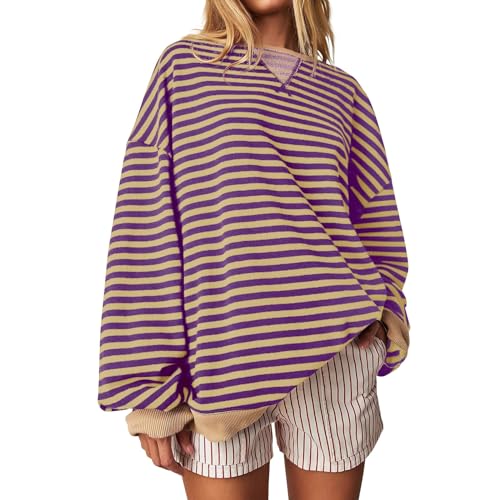 HGWOPGASD Striped Long Sleeve Shirt Women Sweat-Shirts Damen Damen Pullover Frühling Blusentops Mit Rundhalsausschnitt Für Sommer Damen Oversize Gestreiftes Sweatshirts & T-Shirt Shirt Streifen Damen von HGWOPGASD