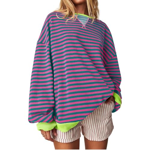 Shirt Streifen Damen Dünne Pullover Damen Over Size Shirt Boxy Sweatshirt Damen Striped Sweatshirt Damen Weisses Streifen Pullover Damen Oversized T-Shirts H Lockerer Pullover Stripes Weisses von HGWOPGASD