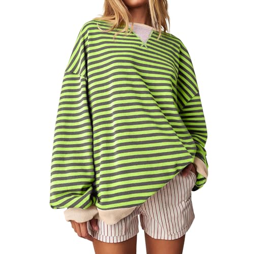 Sweatshirt Damen Lang Sweatshirt Damen Gestreifter Pullover Damen Y2K Shirt Grünes Sweatshirt Damen Lockere Longsleeve Damen Damen Sweater Sweatshirts Für Damen Oversized Sweatshirt Gestreift von HGWOPGASD