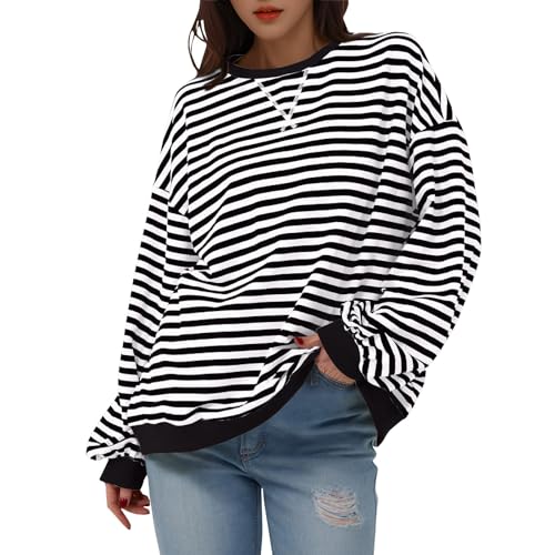 Sweatshirt Gestreift Damen Urban Classic Damen Tshirt Grüner Pullover Damen Longpullover Für Damen Oversized T-Shirts H T Shirt V Ausschnitt Damen Gestreifter Pullover Damen Sweatshirt von HGWOPGASD