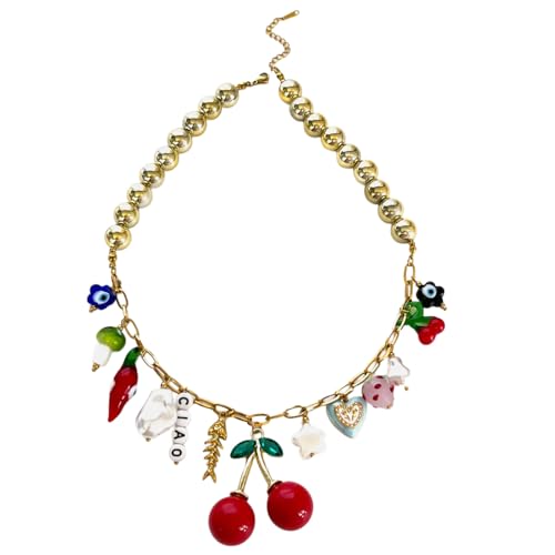 HGZHNAT Summers Vibes Kirschen Anhänger Halskette Edelstahlschmuck Mit Farbenfrohen Akzenten Für Outfit Styling Leichter Sommerschmuck HGZHNAT Summers Vibes Kirschen Anhänger Halskette Edelstahlschmuck Mit Farbenfrohen Akzenten Für Outfit Styling Leichter Sommerschmuck von HGZHNAT
