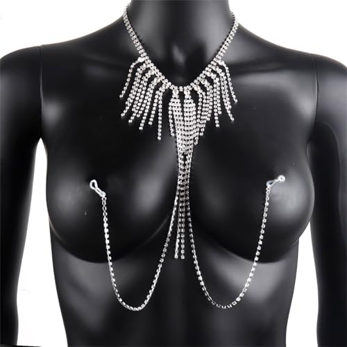 HGZHNAT Wasserfall Körperkette Halskette Stilvoller Party Schmuck Einfacher Wartung Verheißtonte Dekoration Wearbale Nippel Kette Verstellbare Quasten Körperschmuck von HGZHNAT
