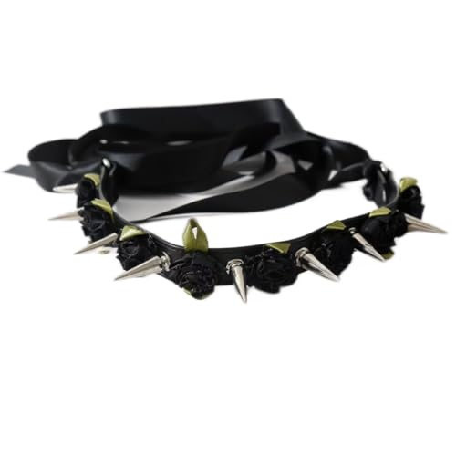 Gothic Punk Blumenstacheln Lederkragen-Halskette – Verstellbarer Punkrock-Cosplay-Schmuck für Frauen und Männer, 4 Farben Gothic-Modeaccessoire (Schwarz) von HHAura