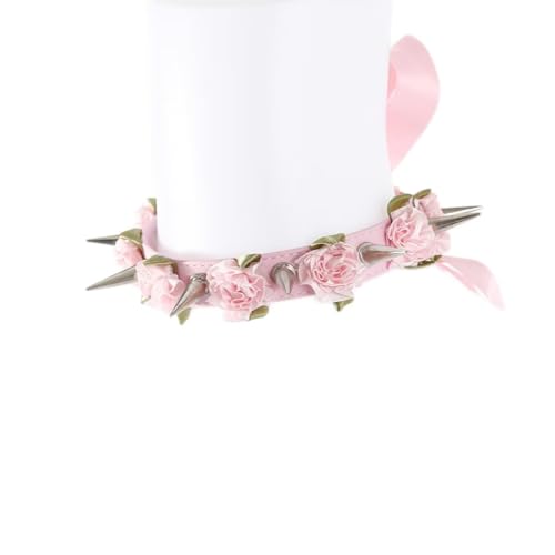 Gothic Punk Blumenstacheln Lederkragen-Halskette – Verstellbarer Punkrock-Cosplay-Schmuck für Frauen und Männer, 4 Farben Gothic-Modeaccessoire (rosa) von HHAura
