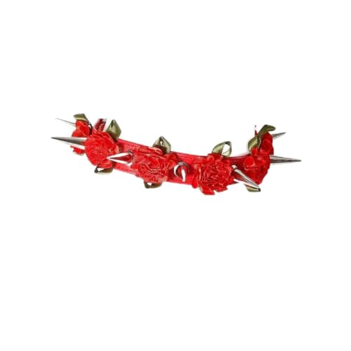Gothic Punk Blumenstacheln Lederkragen-Halskette – Verstellbarer Punkrock-Cosplay-Schmuck für Frauen und Männer, 4 Farben Gothic-Modeaccessoire (rot) von HHAura