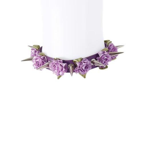 Gothic Punk Blumenstacheln Lederkragen-Halskette – Verstellbarer Punkrock-Cosplay-Schmuck für Frauen und Männer, 4 Farben Gothic-Modeaccessoire (violett) von HHAura