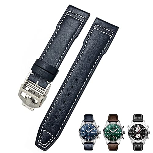 HHBYLEEE- Echtes Leder Rindsleder Uhrenarmbänder 20mm 21mm Für IWC IW377714 Mark18 Spitfire PORTOFINO Weiche Rindsleder Armbänder(Dunkelblau Weiß1,20 mm) von HHBYLEEE