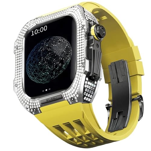 HHBYLEEE- Gummiband Titan Lünette für Apple Watch 7/6/5/4/SE Apple Mod Watch Zubehör Ersatz Titan Luxus Gehäuse Kompatibel mit iWatch Serie 44mm mit Werkzeug(Gelb 8,44MM) von HHBYLEEE