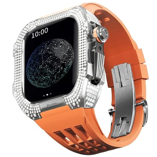 HHBYLEEE- Gummiband Titan Lünette für Apple Watch 7/6/5/4/SE Apple Mod Watch Zubehör Ersatz Titan Luxus Gehäuse Kompatibel mit iWatch Serie 44mm mit Werkzeug(Orange 1,44MM) von HHBYLEEE