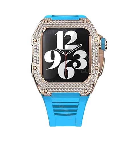 HHBYLEEE- Luxuriöses Diamant-Edelstahl-Modifikationsset für iWatch Serie 44 mm 45 mm Metallgehäuse Gummiband Armband für Apple Watch 7 6 5 4(blau,45MM For 7) von HHBYLEEE