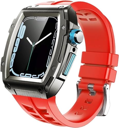 HHBYLEEE- RM Luxuriöses Metall-Uhrengehäuse und Gummi-Uhrenarmband, Zubehör, für Apple Watch Band Serie 8, 7, 6, SE, 5, 4, SE, 44 mm, 45 mm, Modifikationsset(Blau Schwarz Rot,45 mm) von HHBYLEEE