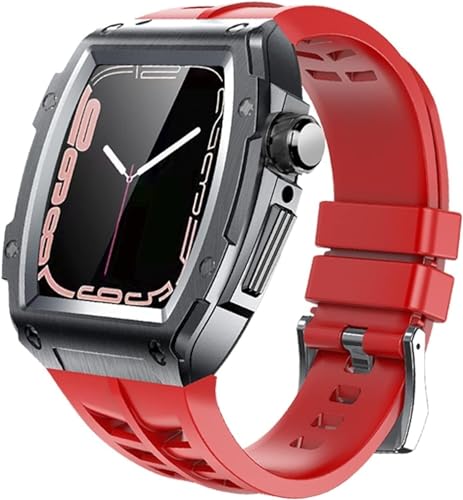 HHBYLEEE- RM Luxuriöses Metall-Uhrengehäuse und Gummi-Uhrenarmband, Zubehör, für Apple Watch Band Serie 8, 7, 6, SE, 5, 4, SE, 44 mm, 45 mm, Modifikationsset(Rot Schwarz Rot,44mm) von HHBYLEEE