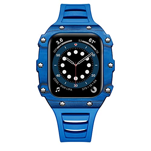 HHBYLEEE- Retrofit-Set für Apple Watch 45 mm, 44 mm, 40 mm, 41 mm, Gummi-Armband und Karbonfaser-Abdeckung, iWatch Serie 7, 6, 5, 4, SE(blau,For Series 7 45mm) von HHBYLEEE