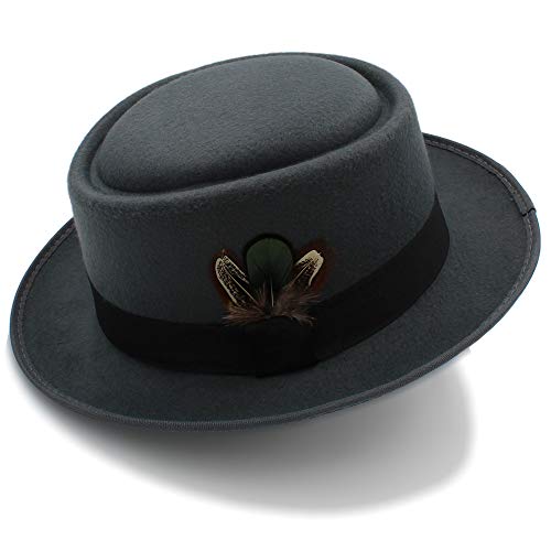 HHF Caps & Hüte Porkpie Jazz Fedora Hut rund Top Trilby Stingy Krempe Feder Cap, Klassische Wollfilz schwarz Pork Pie Hut (Farbe : Grau, Größe : 56-58cm) von HHF-Hats