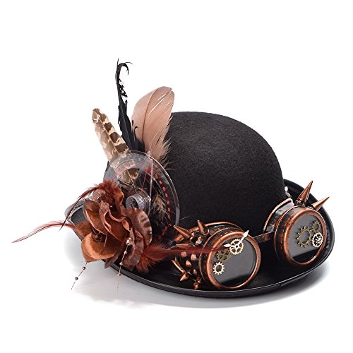 HHF Caps & Hüte für Wemen 1pc Vintage Steampunk Hut Federn Getriebe Brille Gothic Hut viktorianischen Cosplay (Farbe : Schwarz, Größe : 56-58CM) von HHF-Hats