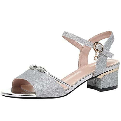 Damen Sandalen offene Fuß Knöchelriemen Niedrig Block Chunky Heels Sandalen Hochzeit Brautschnalle Strap Slip auf Ferse Abendkleid Peep Toe Casual Sandalen,Silber,40 von HHFZH