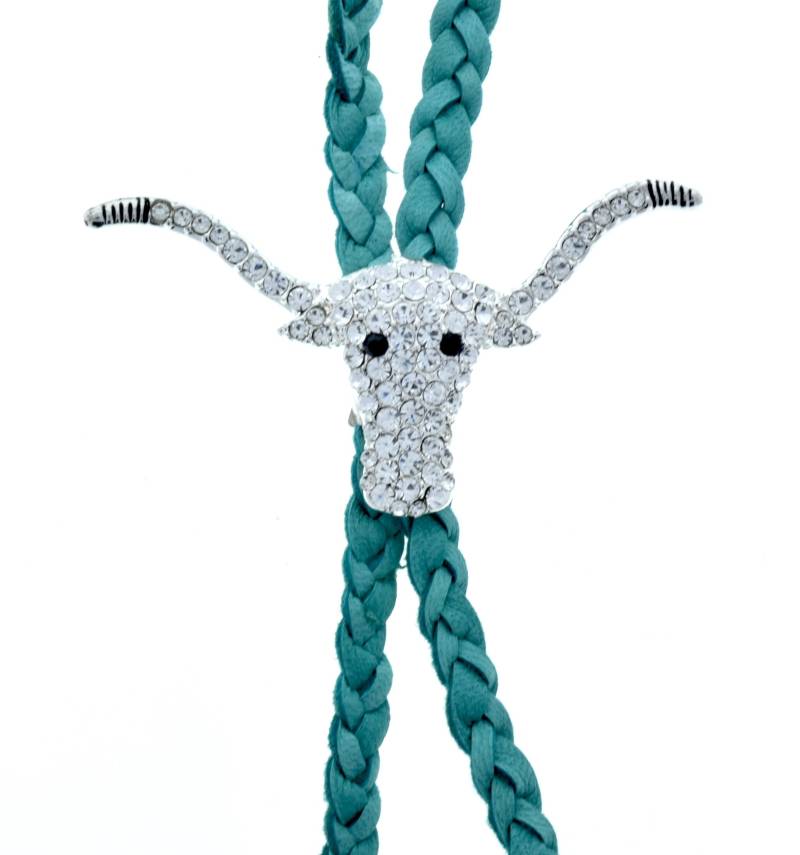 Longhorn Bolo Tie Mit Bergkristall , Im Stoffbeutel, 92 cm Lange Handgeflochtene Lederschnur in Schwarz, Türkis, Rot Oder Gelb von HHHdesigns