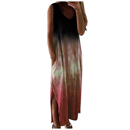 Batik Maxikleider Damen, V Ausschnitt Sommerkleid Hippie Lang Shirtkleider Coole Bunt Tanktop Strandkleid Ärmellos Freizeit Kleider Loose Casual Kleid Mit Taschen Für Frauen von HHMY